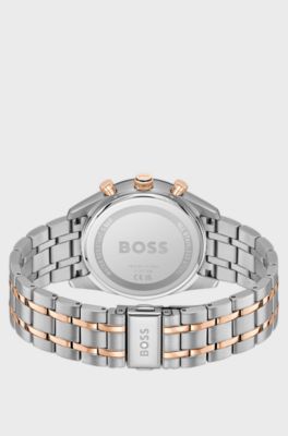 Horloge met blauwe wijzerplaat en tweekleurige polsband, Zilverkleurig