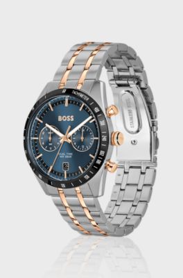 Horloge met blauwe wijzerplaat en tweekleurige polsband, Zilverkleurig