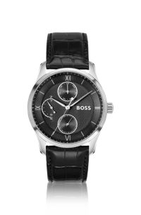 Orologio con quadrante nero lavorato e cinturino in pelle, Nero