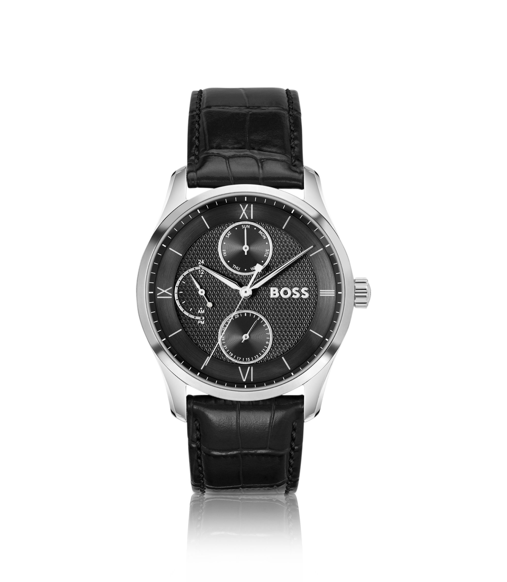 Uhr mit strukturiertem Zifferblatt und Lederarmband in Schwarz