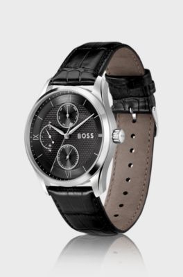 PRINCIPLE MASTER Black-textured-dial watch with leather strap, Black