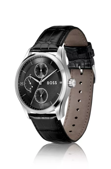 Black-textured-dial watch with leather strap