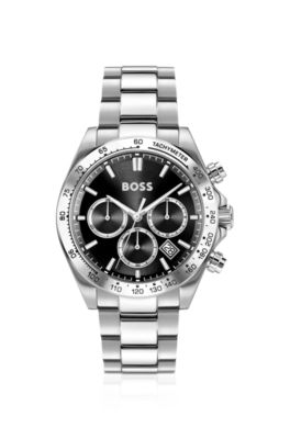 Black-dial chronograph watch with steel bracelet, Silver tone