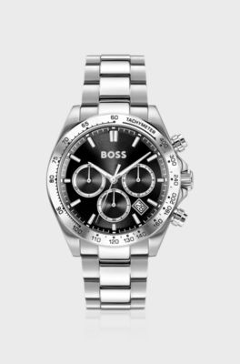 Hero 2.0 Black-dial chronograph watch with steel bracelet, Silver tone