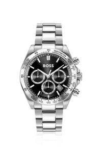 Black-dial chronograph watch with steel bracelet, Silver tone