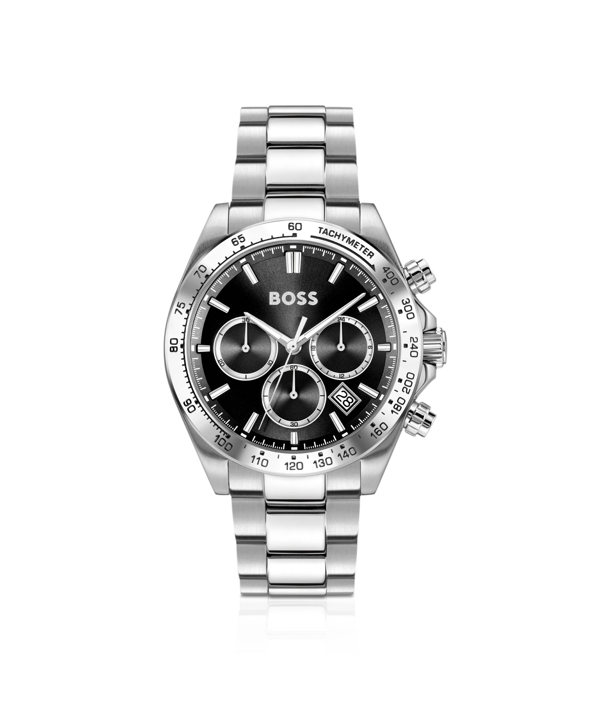 Chronograph mit schwarzem Zifferblatt und Edelstahlarmband