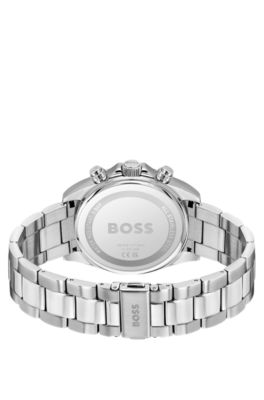 Black-dial chronograph watch with steel bracelet, Silver tone