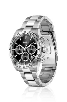 Black-dial chronograph watch with steel bracelet, Silver tone