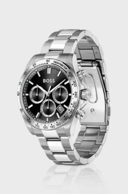 Black-dial chronograph watch with steel bracelet, Silver tone