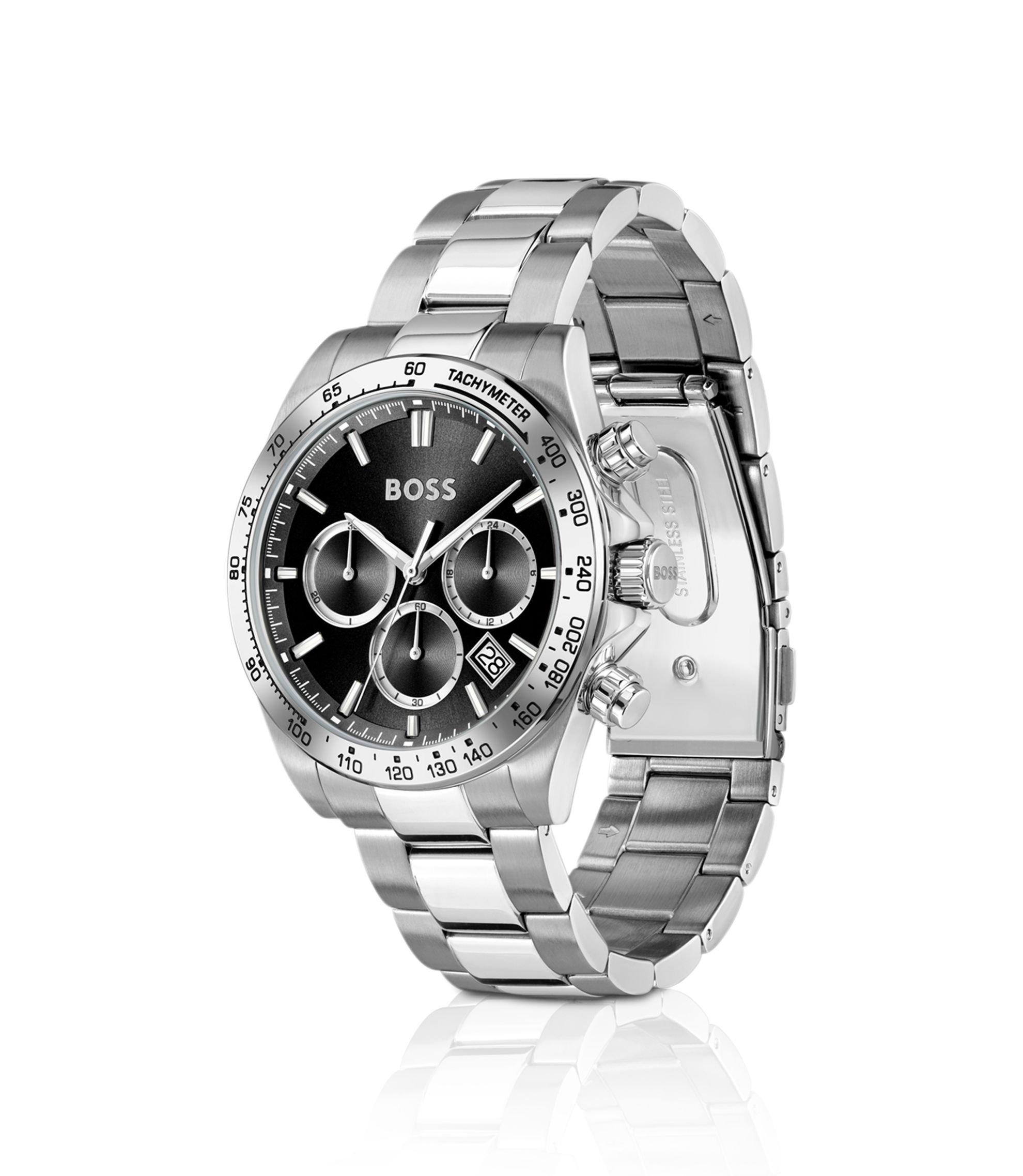 稼働／HugoBoss 腕時計 ブラック/ホワイト BOSS - Black-dial watch with two-tone bracelet - Silver tone