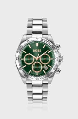 HERO 2.0 Green-dial chronograph watch with steel bracelet, Silver tone