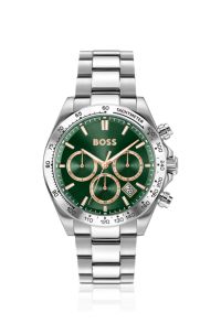 Green-dial chronograph watch with steel bracelet, Silver tone