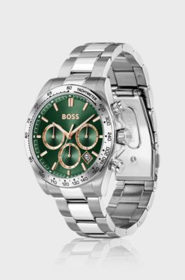 HERO 2.0 Green-dial chronograph watch with steel bracelet, Silver tone