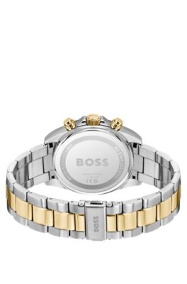 Chronograph mit schwarzem Zifferblatt und zweifarbigem Armband, Silberfarben