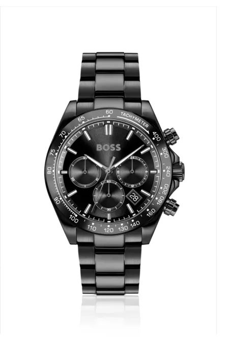 Black-dial chronograph watch with tonal bracelet