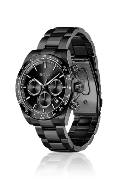 Black-dial chronograph watch with tonal bracelet