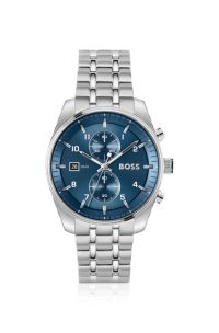 Blue-dial chronograph watch with steel bracelet, Silver tone