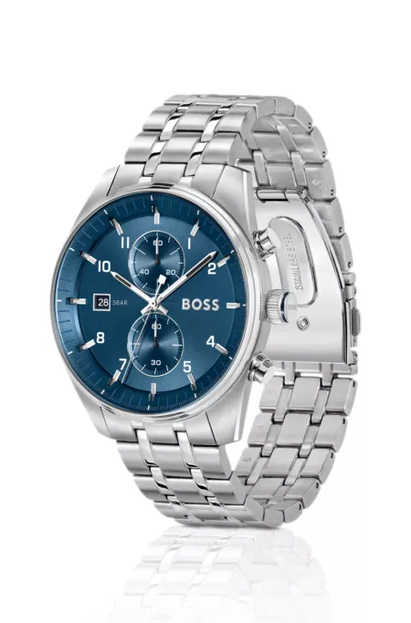 Blue-dial chronograph watch with steel bracelet