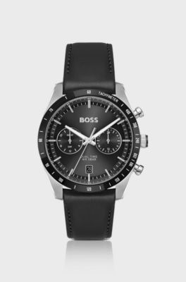 Uhr mit Zifferblatt und Lederarmband in Schwarz, Schwarz