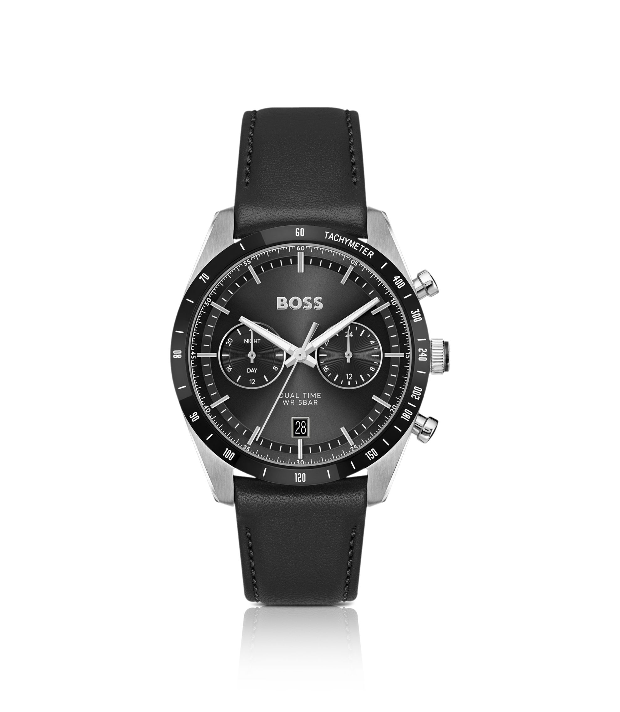 Uhr mit Zifferblatt und Lederarmband in Schwarz