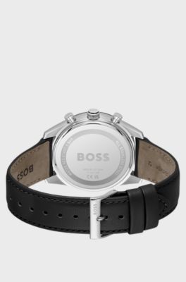 Uhr mit Zifferblatt und Lederarmband in Schwarz, Schwarz