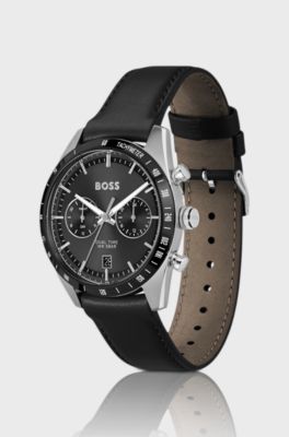 Tourmaster Black-dial watch with black leather strap, Black