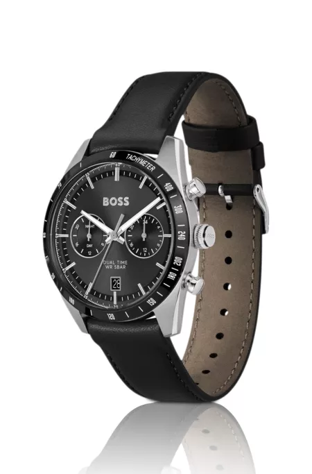 Black-dial watch with black leather strap