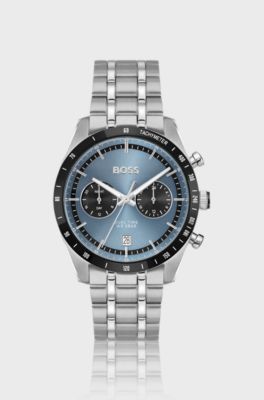Uhr mit blauem Zifferblatt und Gliederarmband, Silberfarben