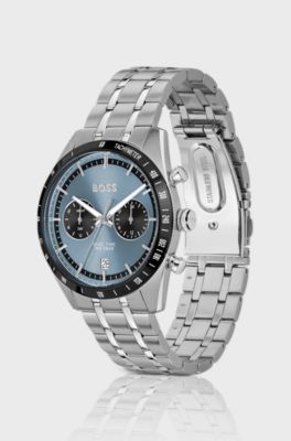 Uhr mit blauem Zifferblatt und Gliederarmband, Silberfarben