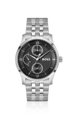 Black-dial watch with multi-link bracelet, Silver tone
