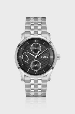 Black-dial watch with multi-link bracelet, Silver tone