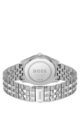 Black-dial watch with multi-link bracelet, Silver tone