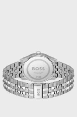 Montre avec cadran noir et bracelet &agrave; maillons, Couleur argent&eacute;e