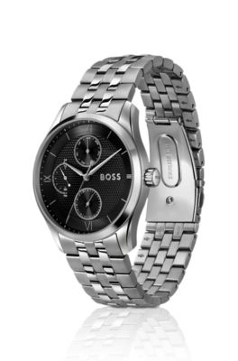Black-dial watch with multi-link bracelet, Silver tone