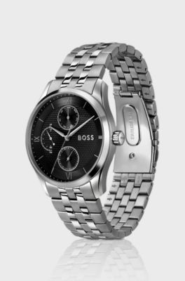 Black-dial watch with multi-link bracelet, Silver tone