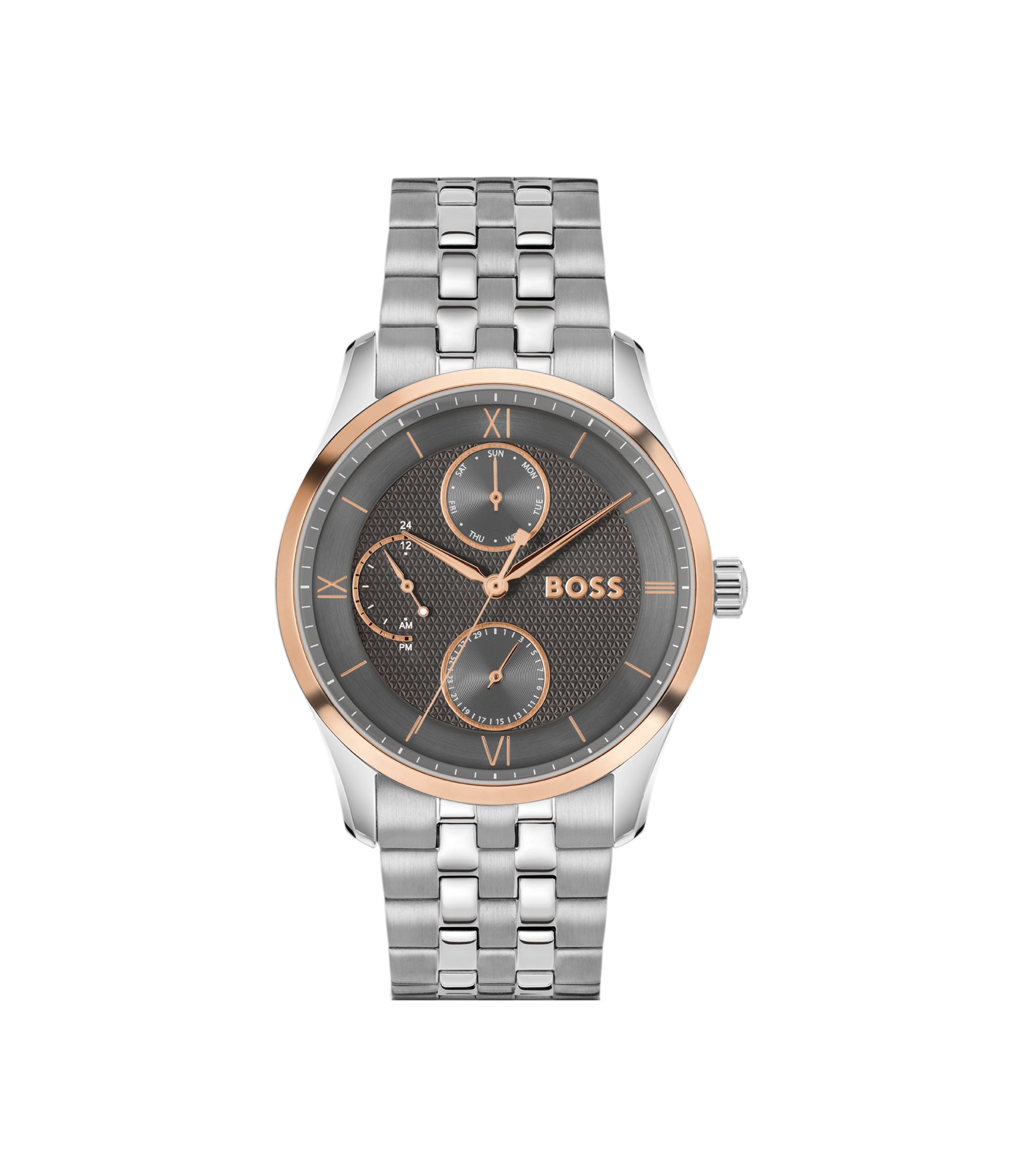 Uhr mit grauem, strukturiertem Zifferblatt und Gliederarmband