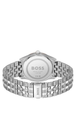 Uhr mit grauem, strukturiertem Zifferblatt und Gliederarmband, Silberfarben