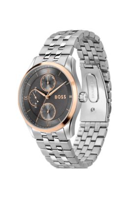 Uhr mit grauem, strukturiertem Zifferblatt und Gliederarmband, Silberfarben