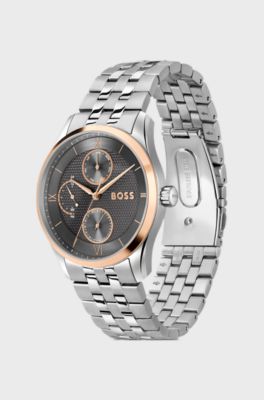 Horloge met grijze, gestructureerde wijzerplaat en geschakelde polsband, Zilverkleurig