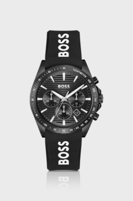 Strike Black-dial chronograph watch with silicone logo strap, Black