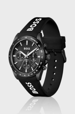 Strike Black-dial chronograph watch with silicone logo strap, Black