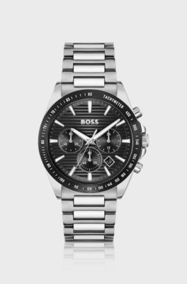 Cronografo con quadrante nero e bracciale a maglie ad H, Color argento