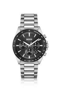 Chronograph mit schwarzem Zifferblatt und H-Gliederarmband, Silberfarben