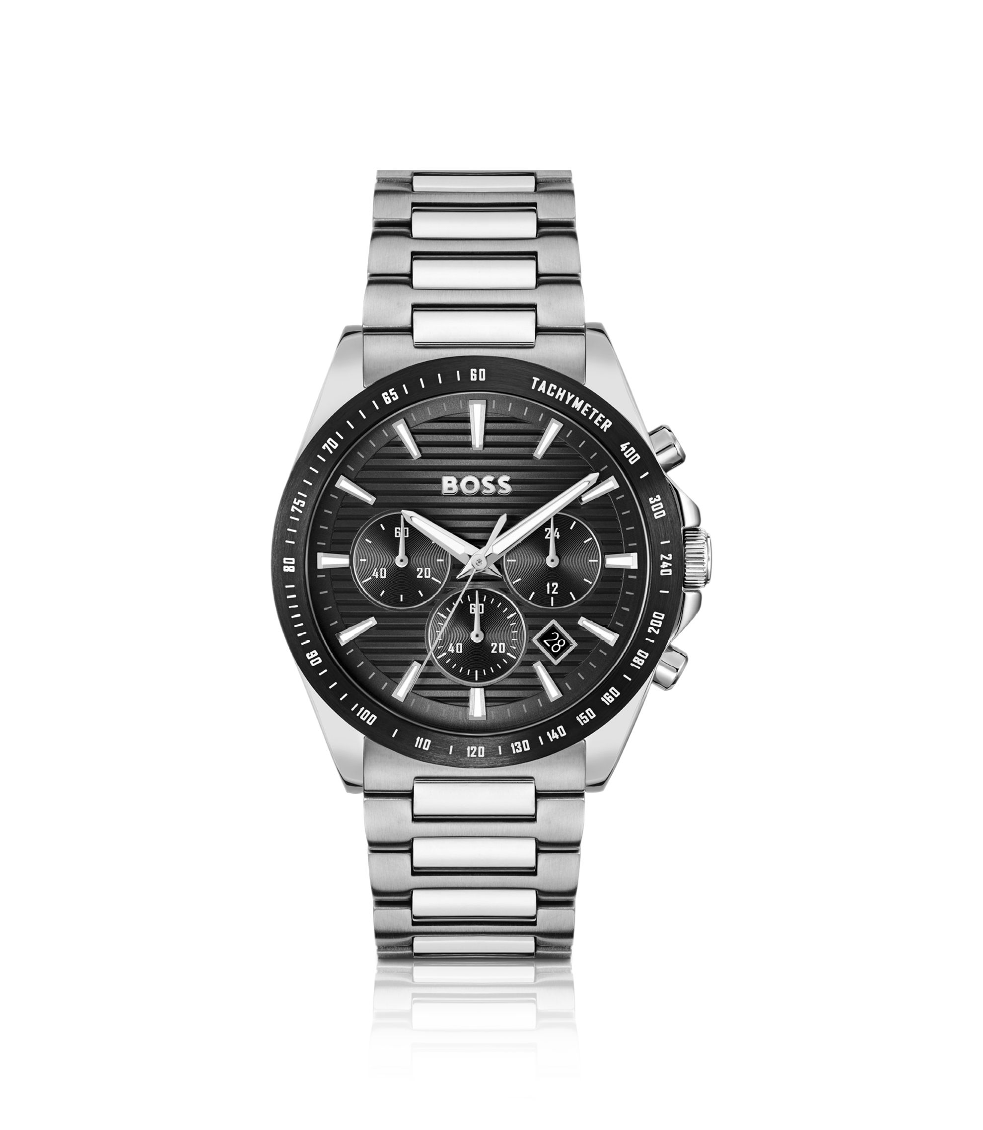 Chronograph mit schwarzem Zifferblatt und H-Gliederarmband