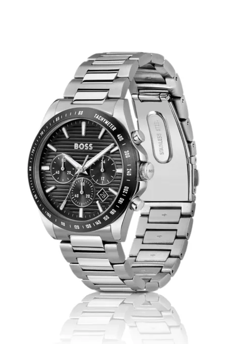 Black-dial chronograph watch with H-link bracelet