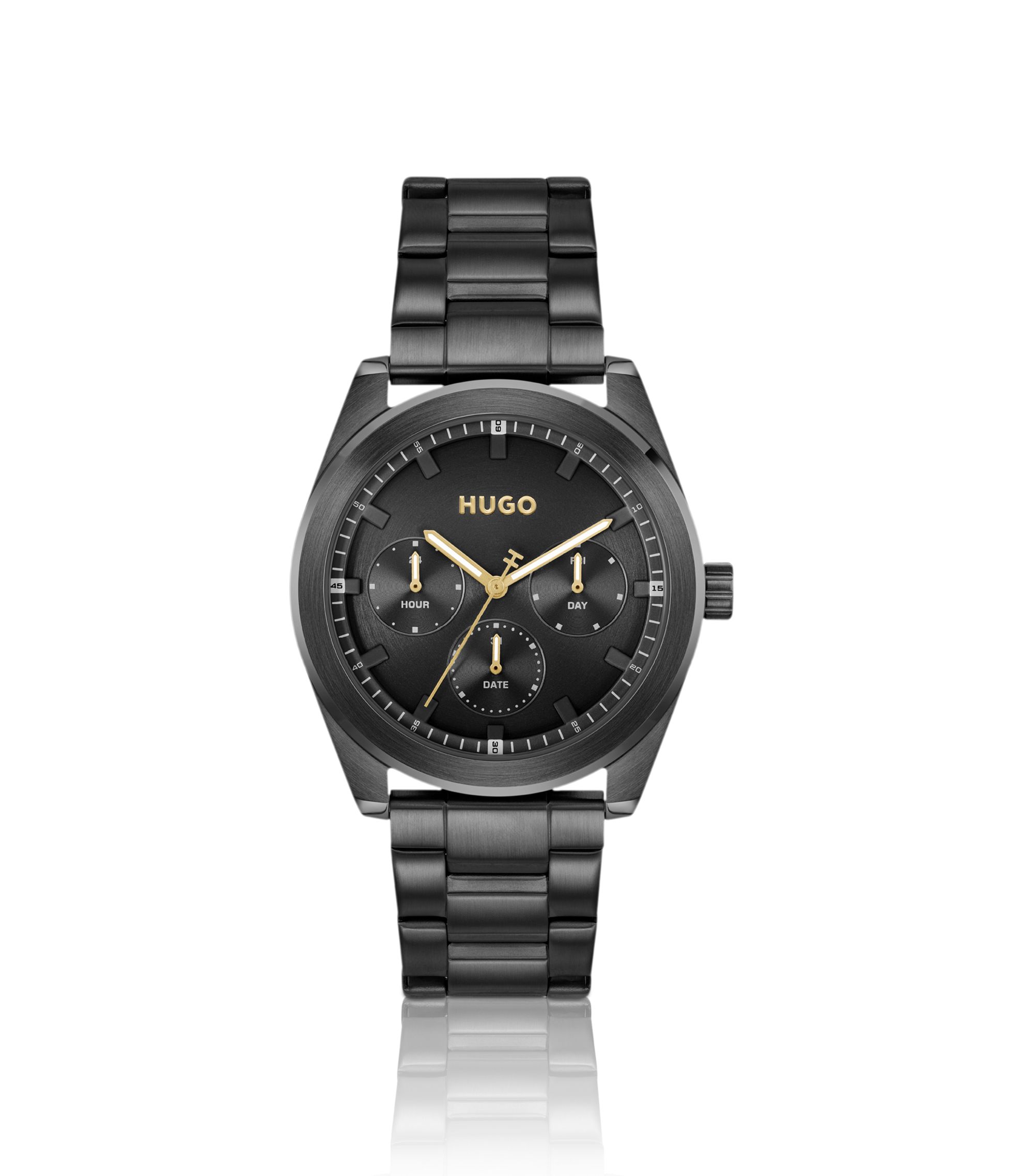 Schwarz beschichtete Uhr mit tonalem Zifferblatt und Gliederarmband