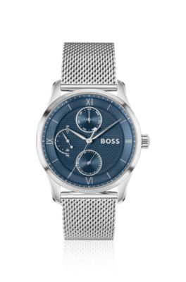 Blue-dial watch with mesh bracelet, Silver tone