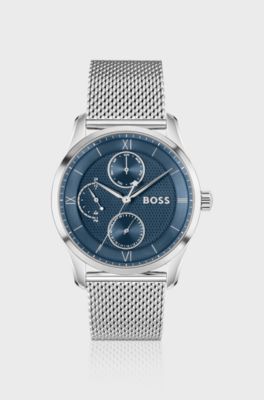 Blue-dial watch with mesh bracelet, Silver tone