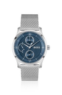 Horloge met blauwe wijzerplaat en polsband met meshstructuur, Zilverkleurig