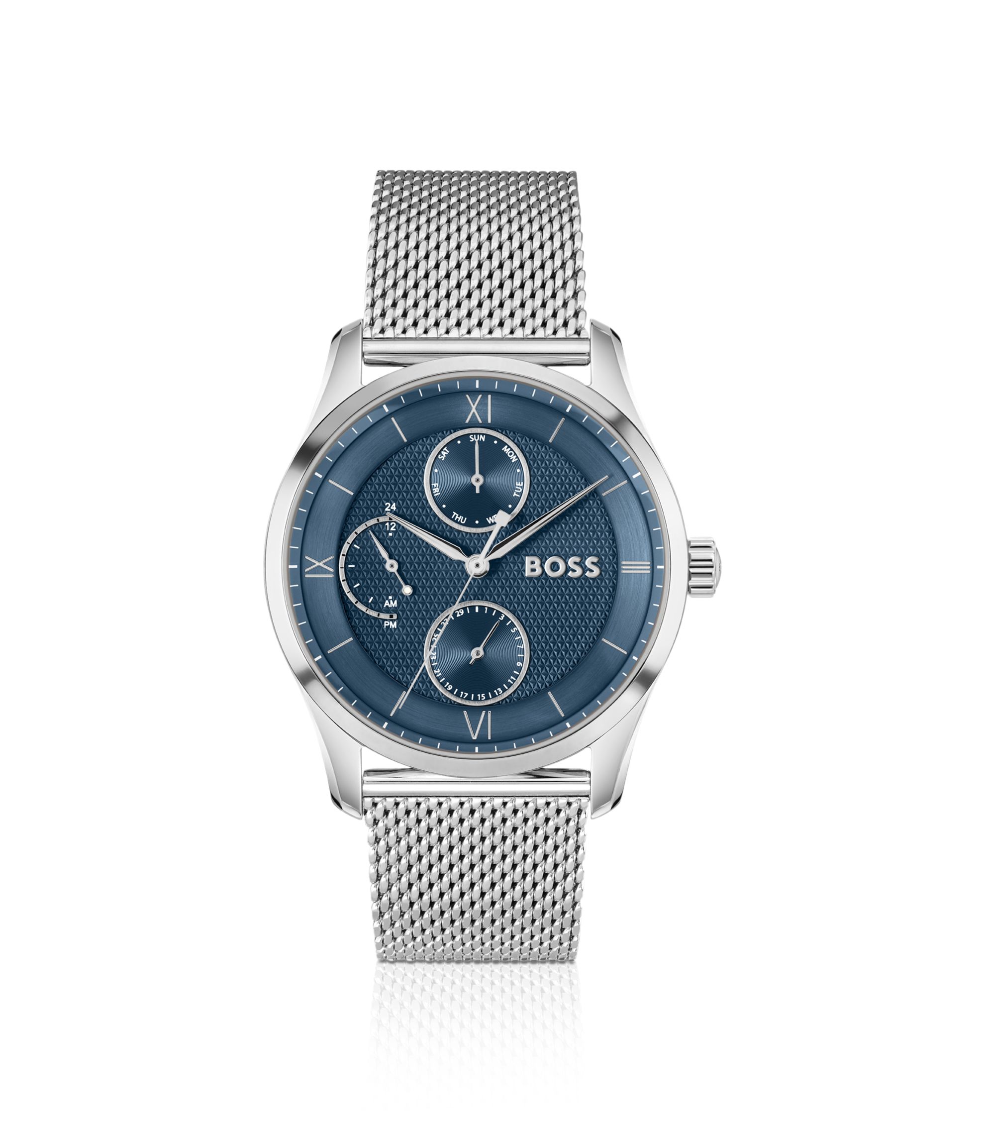 Uhr mit blauem Zifferblatt und Mesh-Armband